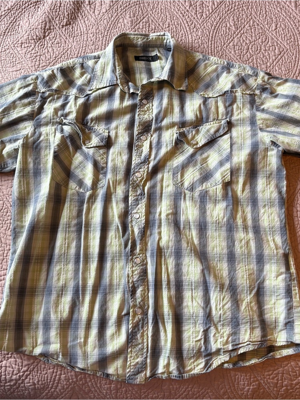 next Men's Yellow and Gray Plaid Button-Down Shirt